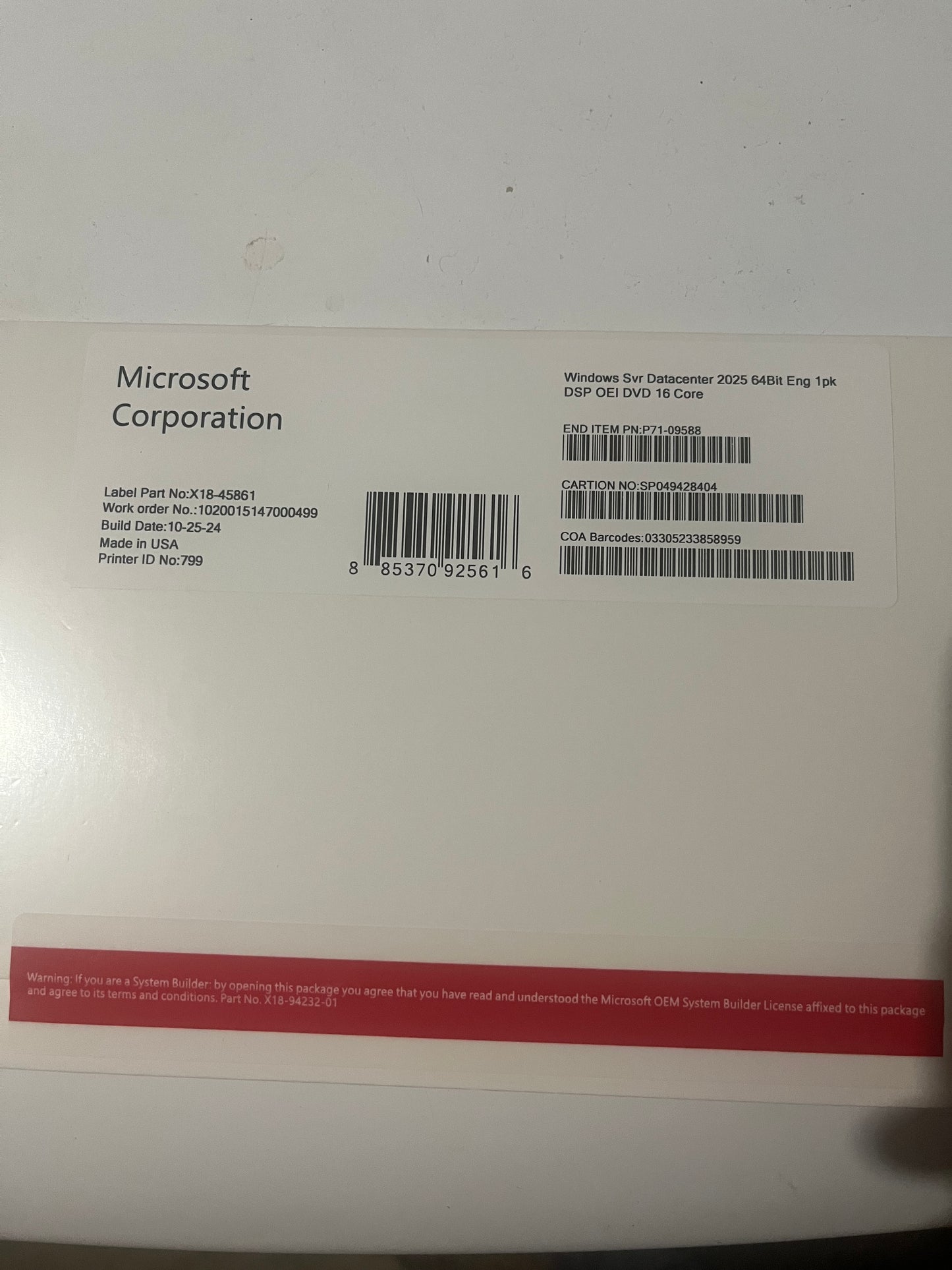 Windows Server Datacenter 2025 64 Bit DVD 16 Core