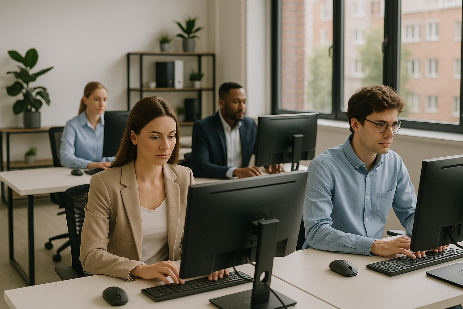 Make a photo of people working in the office on a computer